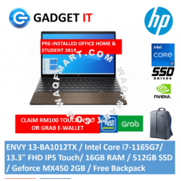 HP ENVY 13-BA1012TX LAPTOP (I7-1165G7,16GB,512GB SSD,13.3" FHD,TOUCH,MX450 2GB,WIN10) FREE BACKPACK + OPI