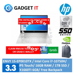 HP ENVY 15-EP0010TX LAPTOP (I7-10750H,16GB,1TB SSD,15.6" FHD, TOUCH ,GTX1660TI 6GB,WIN10) FREE BACKPACK + OPI